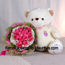 12 Pink Roses with Sweet Lovely Teddy