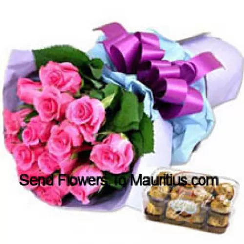 Bunch Of 12 Pink Roses With 16 Pcs Ferrero Rocher