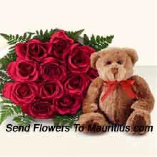 Ramo de 12 rosas rojas con un lindo oso de peluche marrón de 8 pulgadas